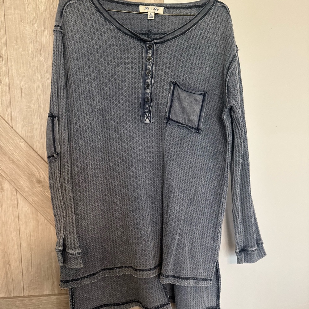 She + Sky dusty blue Long Sleeve Henley Top